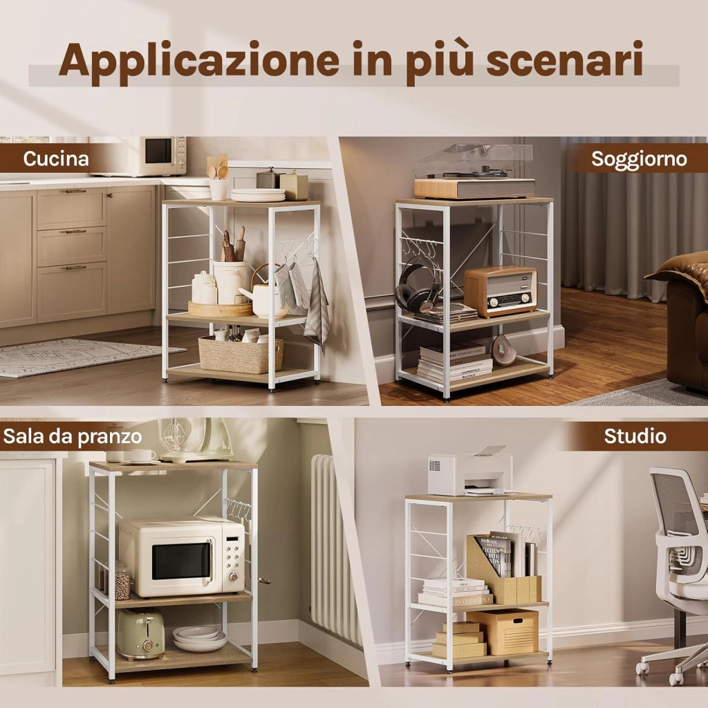 Scaffale per Cucina Carrello per Microonde Forno a 3 Ripiani in Metallo e Legno Scaffalature Fioriera Multiuso, Rovere Chiaro