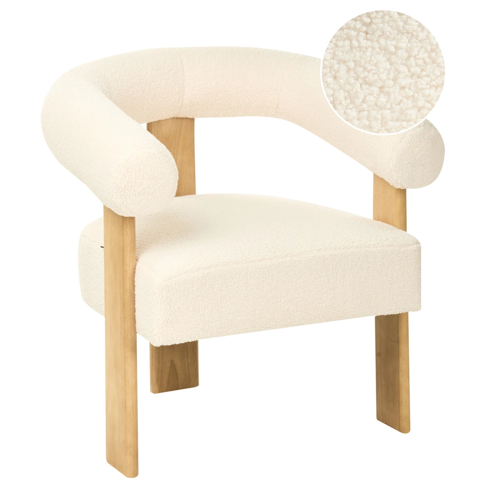 Poltrona bianco sporco e marrone chiaro con rivestimento in bouclé design retrò gambe in legno per soggiorno