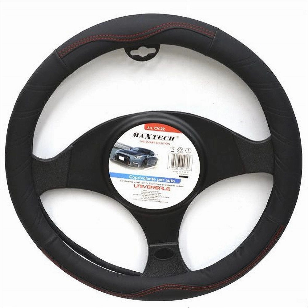 Trade Shop - Coprivolante Per Auto Universale Fodera Sterzo 38 Cm Nero Cuciture Rosse Cv-22 -
