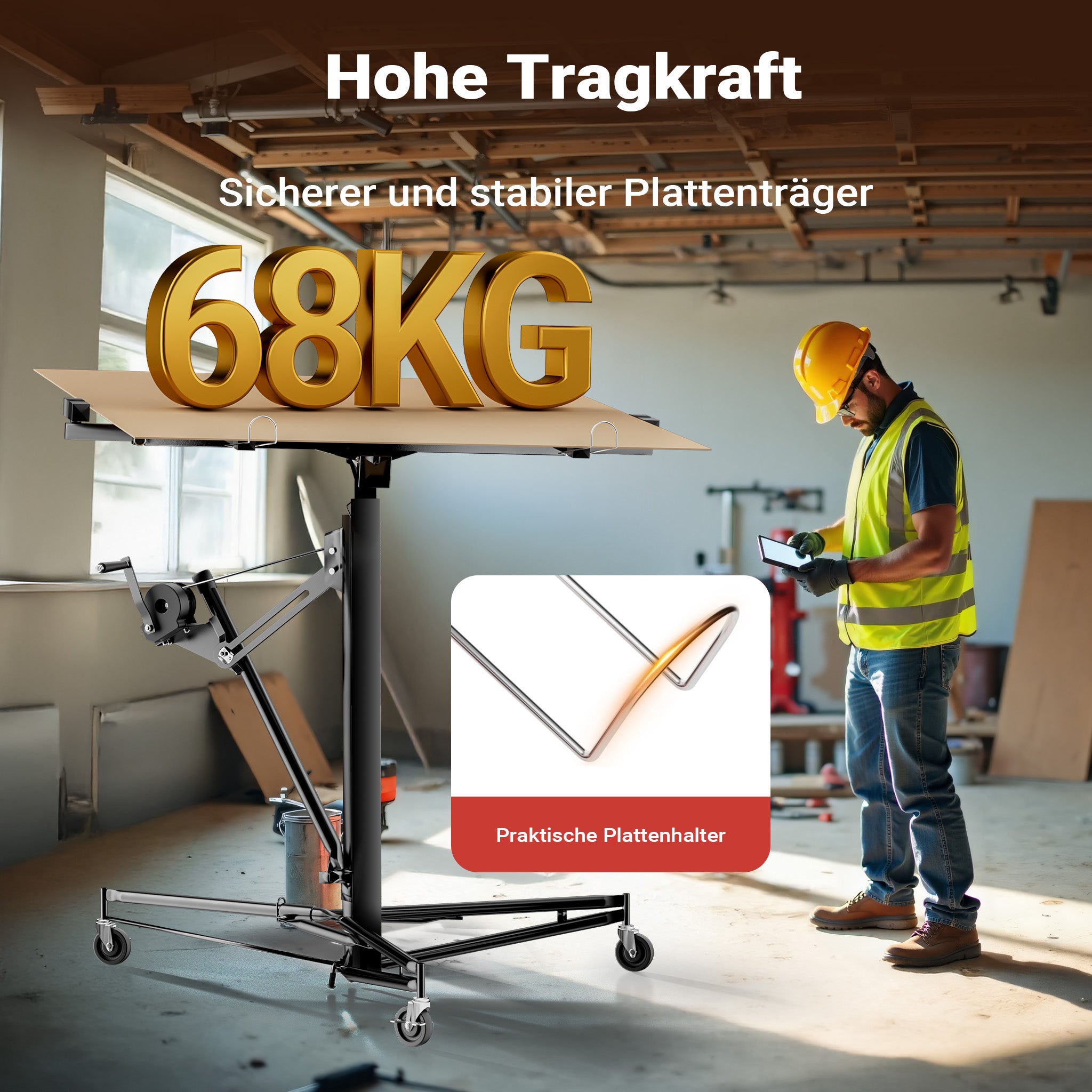 Sollevatore pannelli cartongesso con prolunga, max 68kg, Carrello Alzapannelli Alzalastre