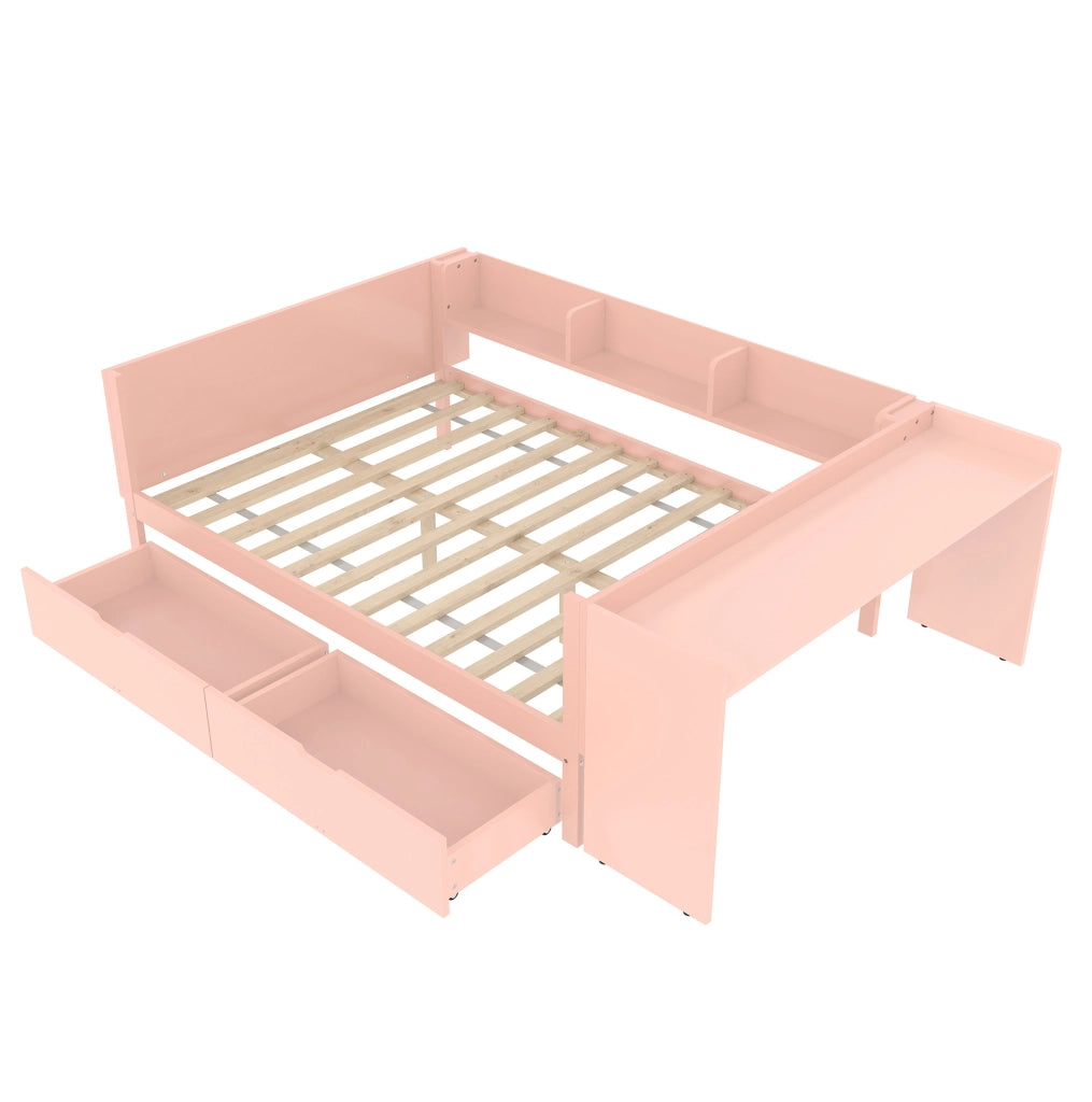 Letto matrimoniale 140x200 cm rosa in legno con scrivania e 2 cassetti