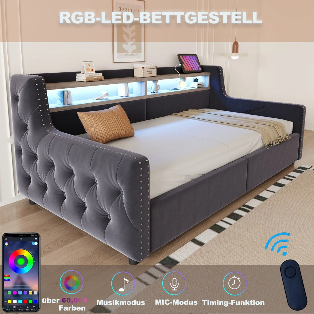 Divano letto imbottito 90 x 200 cm con contenitore; LED e presa integrata; in velluto grigio scuro