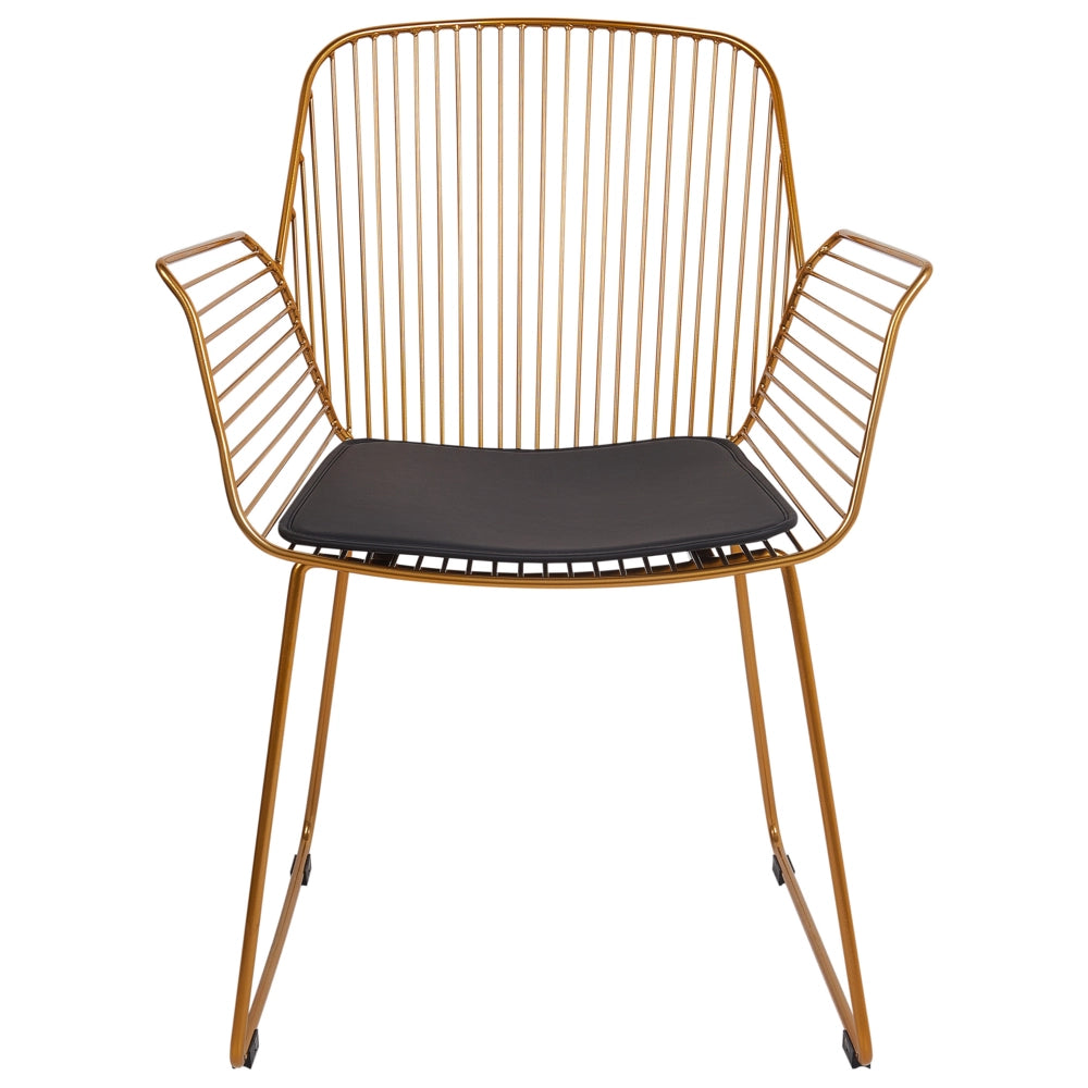 Set di 2 sedie da pranzo in metallo oro con schienale in filo di ferro e cuscini di seduta in ecopelle stile moderno industrale