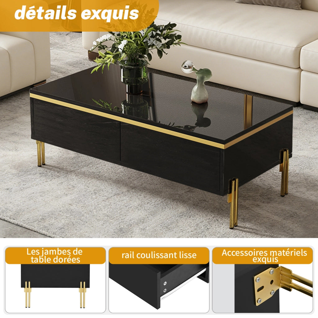 Tavolino da Salotto con 2 Cassetti Nascosti e Gambe in Metallo; Lucido; Stile Moderno; in Truciolare; Nero; 100×50×36 cm