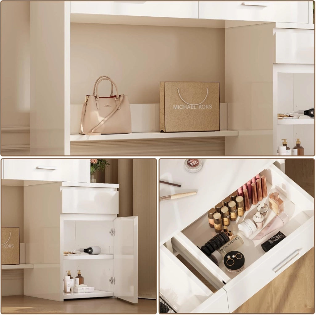 Toeletta Trucco con Luci LED,Tavolo da Trucco con Specchio,3 con Luminosità Regolabile,Postazione Trucco con Cassetti,Ripiani Aperti,Moderno, Bianco