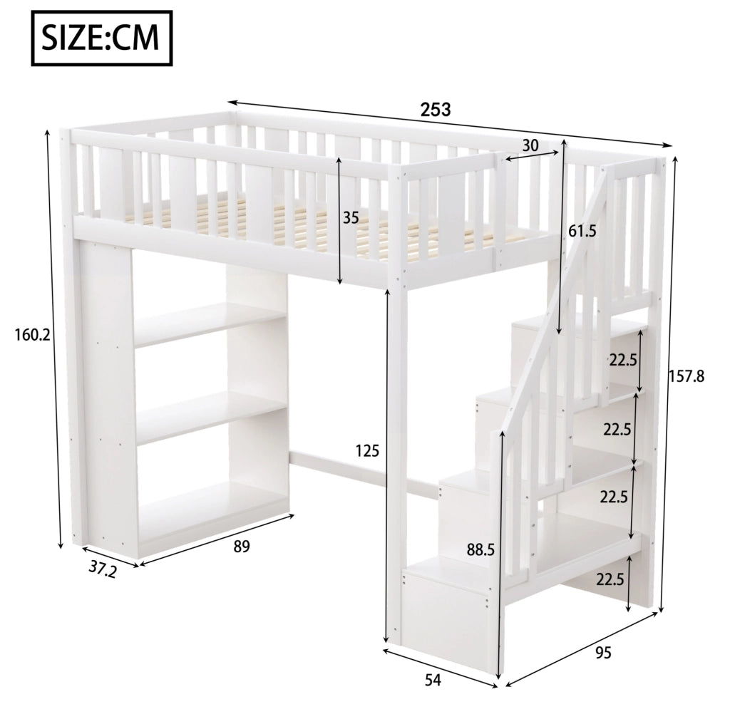 Letto a soppalco 90x200 cm con scala e 3 vani portaoggetti; in legno bianco