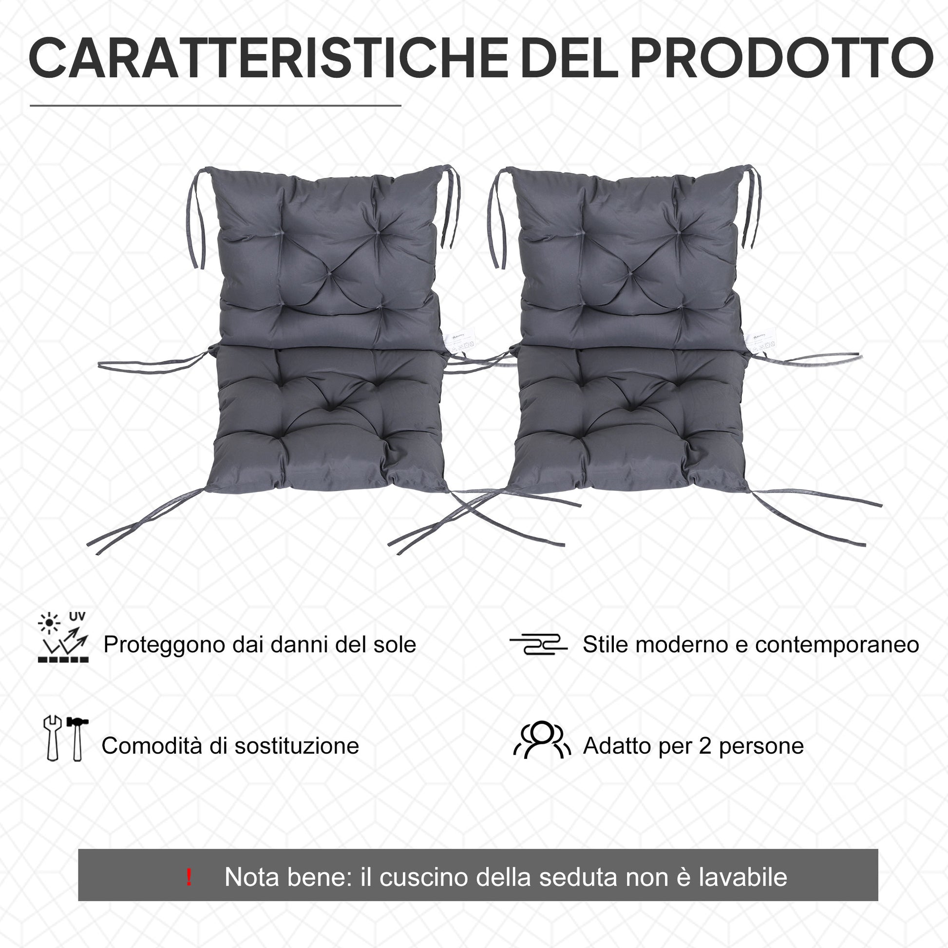 Set 2 Cuscini 50x98x8 cm per Sedie da Esterno in Poliestere e Cotone con Lacci Grigio