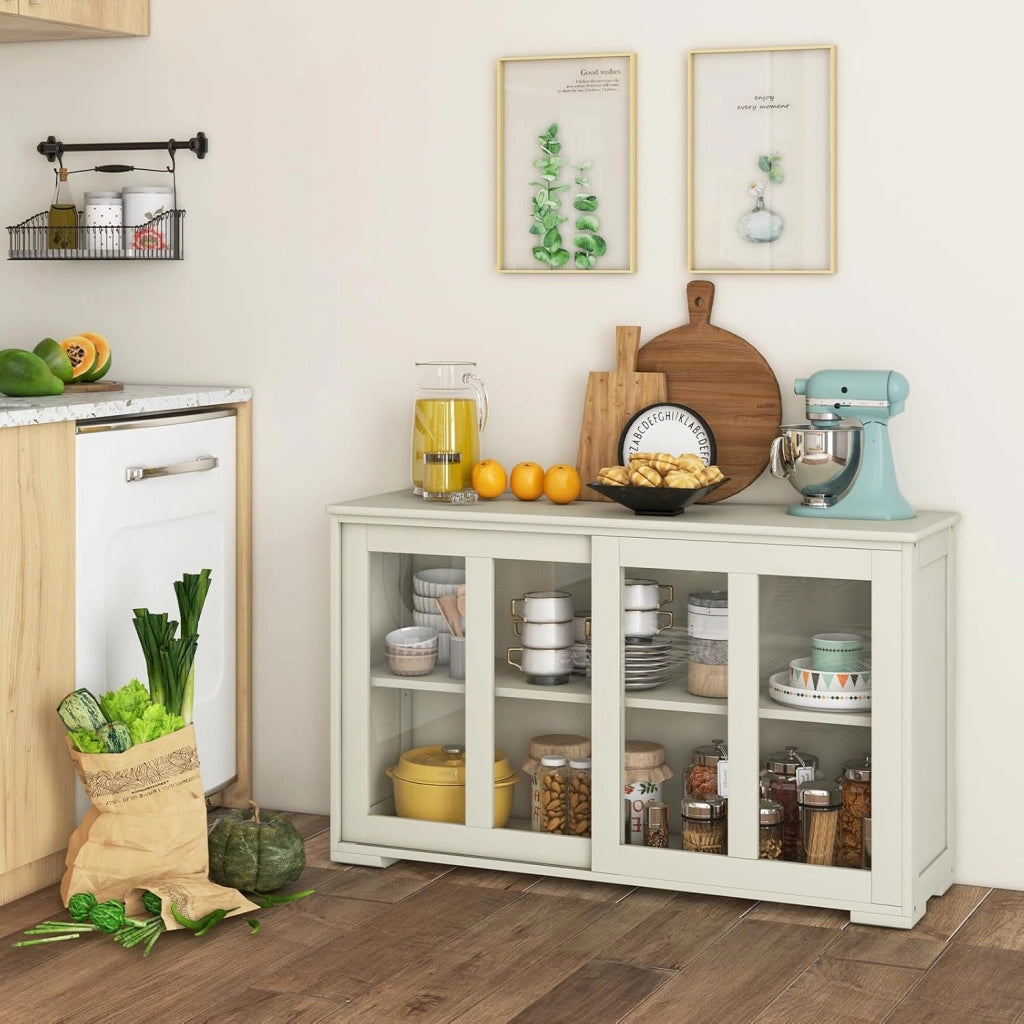 Armadietto da Cucina Mobile Laterale Multiuso con Ante Scorrevoli, in Legno e Vetro, 106,5 x 33 x 62,5 cm (Bianco Crema)