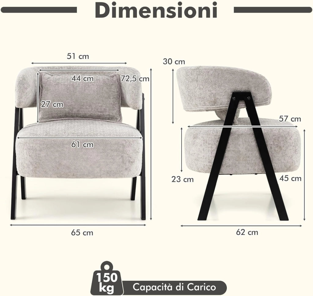 Poltrona Imbottita con Cuscino, Poltrona Singola Moderna per Lettura, Sedia Salotto Gambe in Metallo, per Salotto, Camera da Letto, Studio, Portata 150 kg (Grigio)