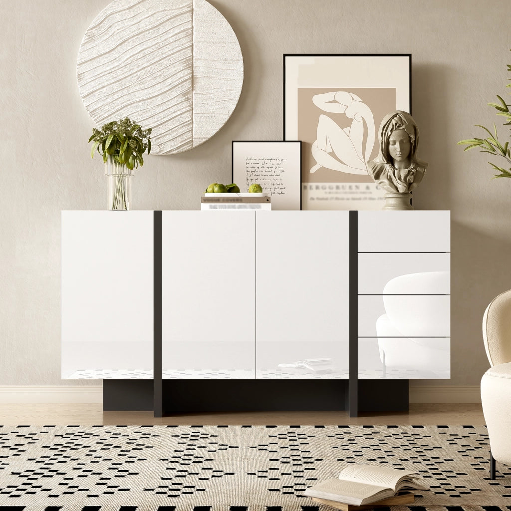 Credenza con 2 Ante e 4 Cassetti; Frontale Lucido; Stile Moderno; per Soggiorno; in MDF; 150??40??80;5 cm; Bianco Nero
