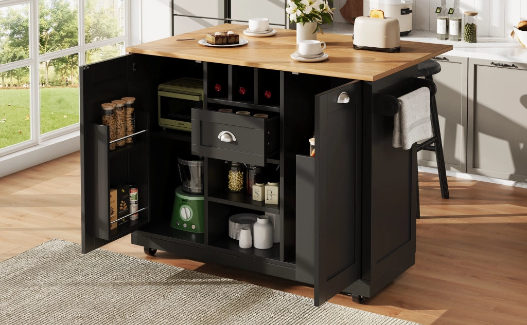 Carrello da Cucina con 1 Cassetto; 2 Ante; Portabottiglie; Portasciugamani e Ruote; in MDF; 140 x 40 x 93;5 cm; Nero