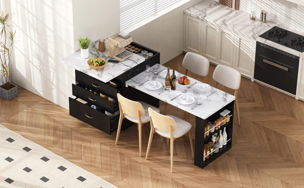 Tavolo allungabile con LED e presa usb tipo c, cassetti e ripiani aperti, per cucina e sala da pranzo, in MDF, nero