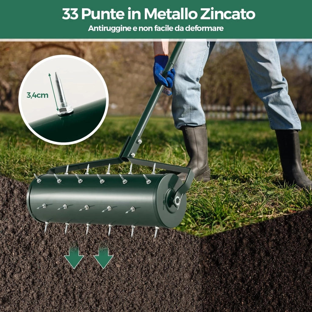 Arieggiatore Giardino 44/53 CM, Arieggiatore da Prato con Manico Rimovibile e Punte per Allentamento del Terreno, Arieggiatore Manuale per Prato, Giardino e Cortile (53 x 130 cm Verde)