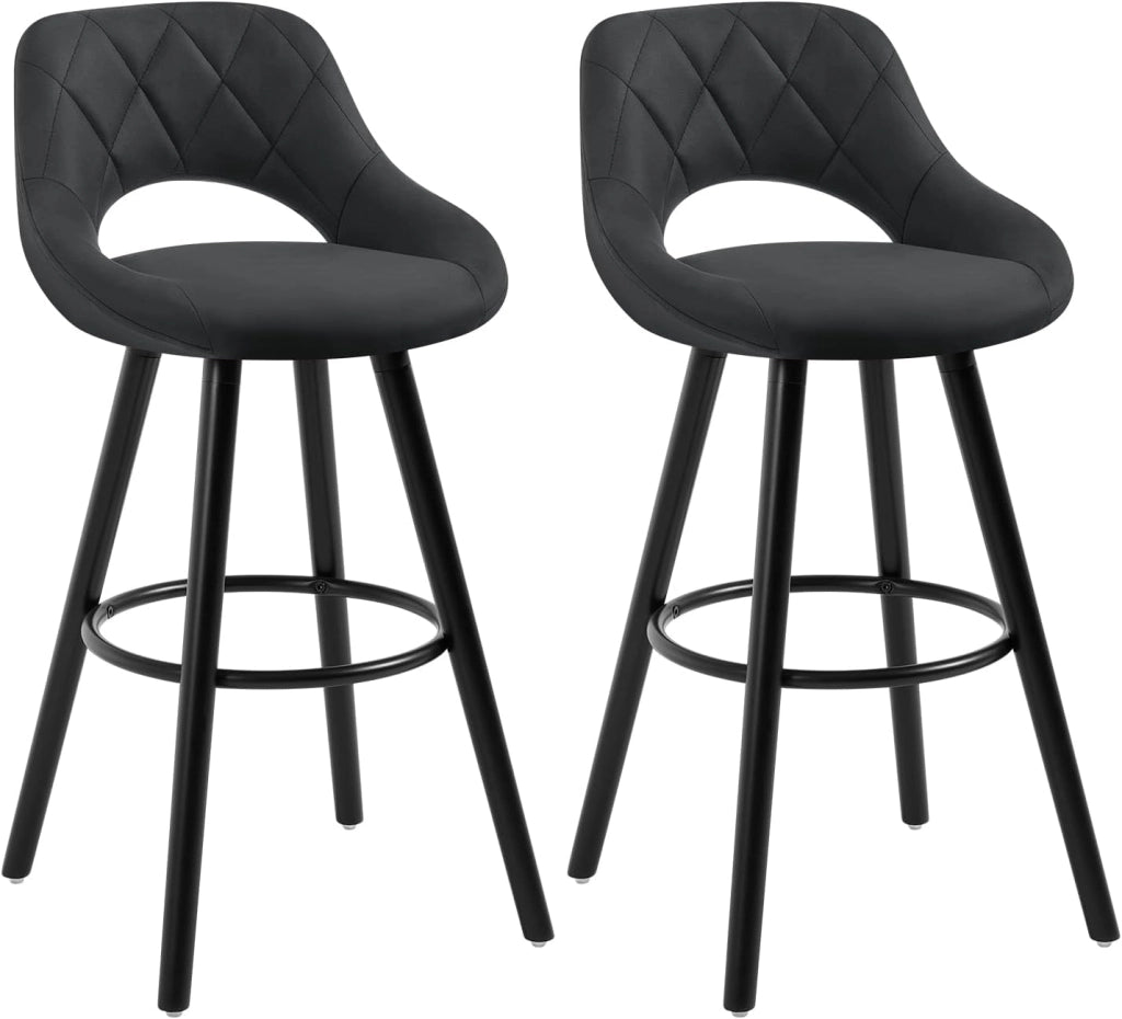 Sgabelli da Cucina Set di 2, Sgabello da Bar per Colazione, Sgabelli Alti con Poggiapiedi e Schienale, Sedile in Tessuto Tecnico+Gambe in Legno, Antracite, BH291an-2