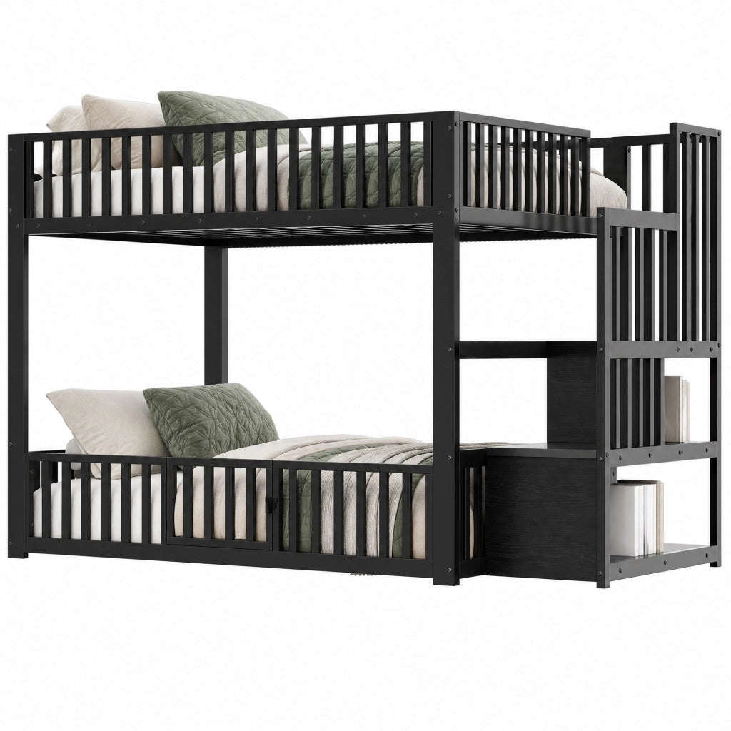 Letto a castello due posti 140 × 200 cm con scala contenitore LED in metallo e MDF nero