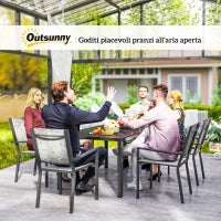 Set da Giardino 7 Pezzi in Acciaio con Tavolo Rettangolare e 6 Sedie Impilabili Traspiranti, Grigio e Nero