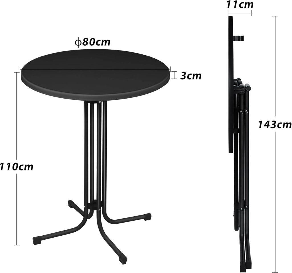Tavolo da bistrot da giardino, pieghevole, rotondo, con piedini regolabili e gambe spesse, per esterni, fino a 80 kg, colore nero