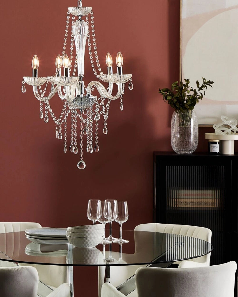 Lampadario in cristallo color argento 185 cm trasparente a 5 fuochi