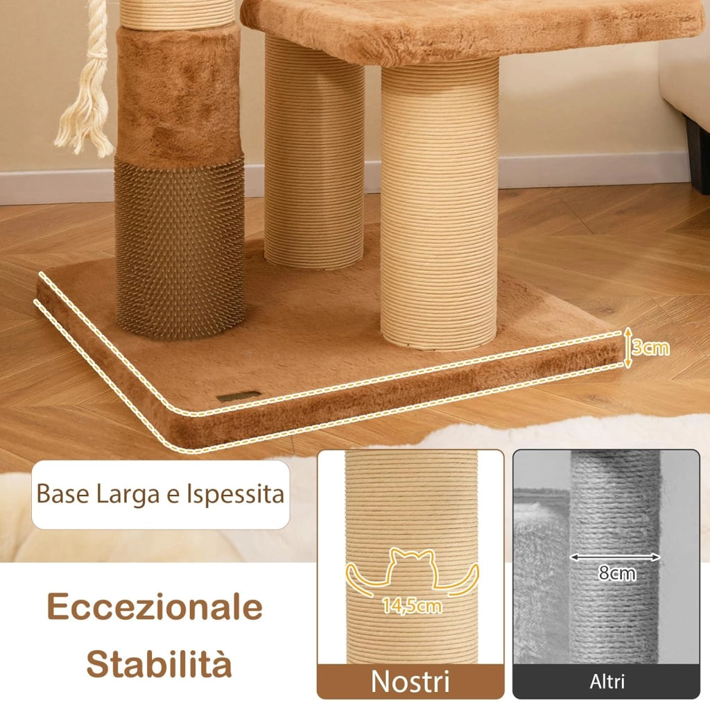 Tiragraffi per Gatto Alto 165 cm, Albero Tiragraffi Gatto con 4 Piattaforme, 4 Pali Sisal, Spazzola, Corda e Palla Pompon, Torre Tiragraffi per Gatti Imbottito Rimovibile, Caramello