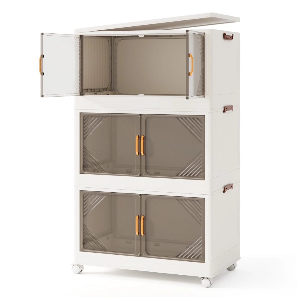 Contenitori da stoccaggio pieghevoli con coperchio da 213 L, Scatole impilabili a 3 piani con ruote-Cassettiere