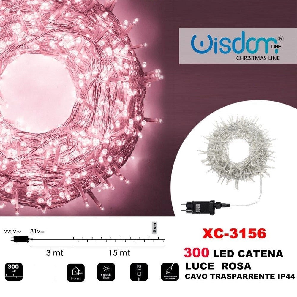 Trade Shop - Catena Luminosa 300 Luci Led Lucciole Luce Rosa Cavo Trasparente Ip44 Xc-3156 -