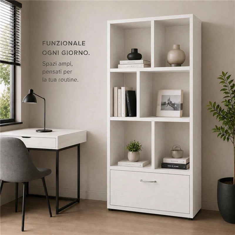 LIBRERIA IN LEGNO BIANCO MODERNA CON 6 RIPIANI SFALSATI E UN CASSETTO DIMENSIONI 70X24X140 CM