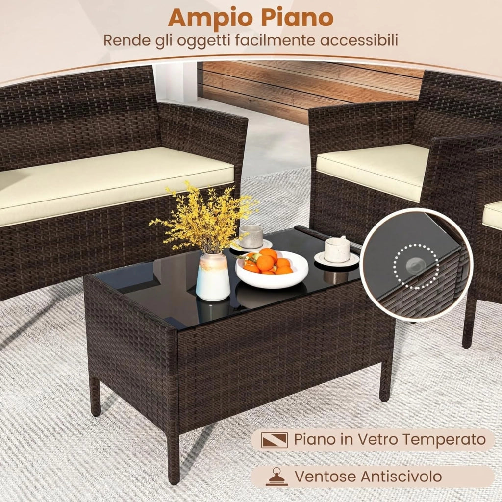 Salotto da Giardino Esterno 4 Pezzi, Set Giardino Esterno con Divanetto, 2 Poltrone e Tavolino da Caffè in Vetro Temperato, Salotto da Patio con Cuscini per Balcone, Veranda (Marrone+Beige)