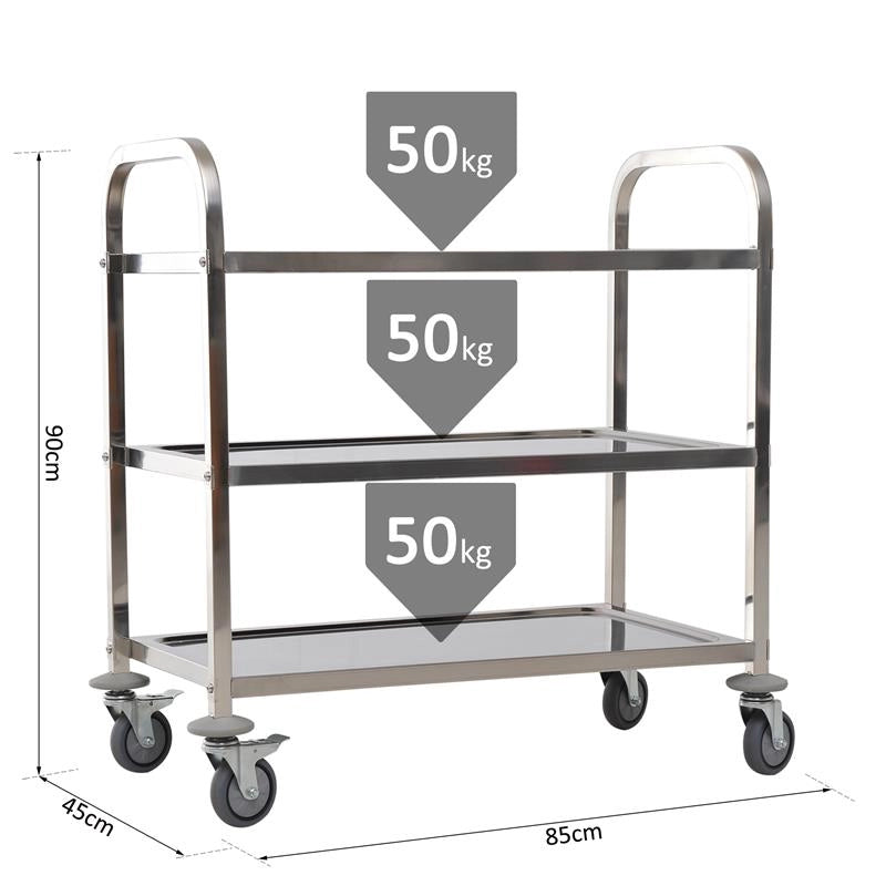 CARRELLO CUCINA PORTAVIVANDE CON RUOTE SCAFFALE CUCINA 3 RIPIANI IN ACCIAIO INOX 85X45X90CM