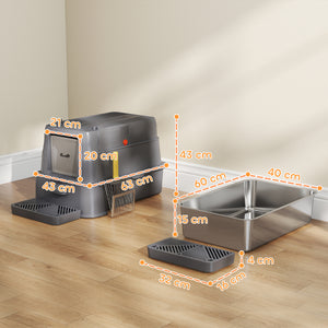 Lettiera per Gatti Chiusa 63x43x43 cm Capacità da 80L con Vassoio Estraibile in ABS e Acciaio Inox Grigio Scuro