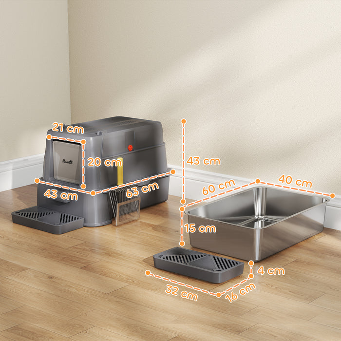 Lettiera per Gatti Chiusa 63x43x43 cm Capacità da 80L con Vassoio Estraibile in ABS e Acciaio Inox Grigio Scuro