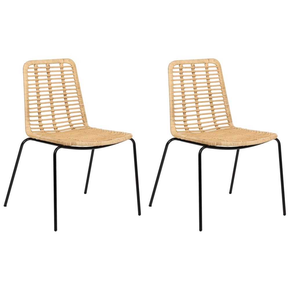 Set di 2 sedie da pranzo con seduta e schienale in rattan naturale gambe in ferro senza braccioli design industriale boho