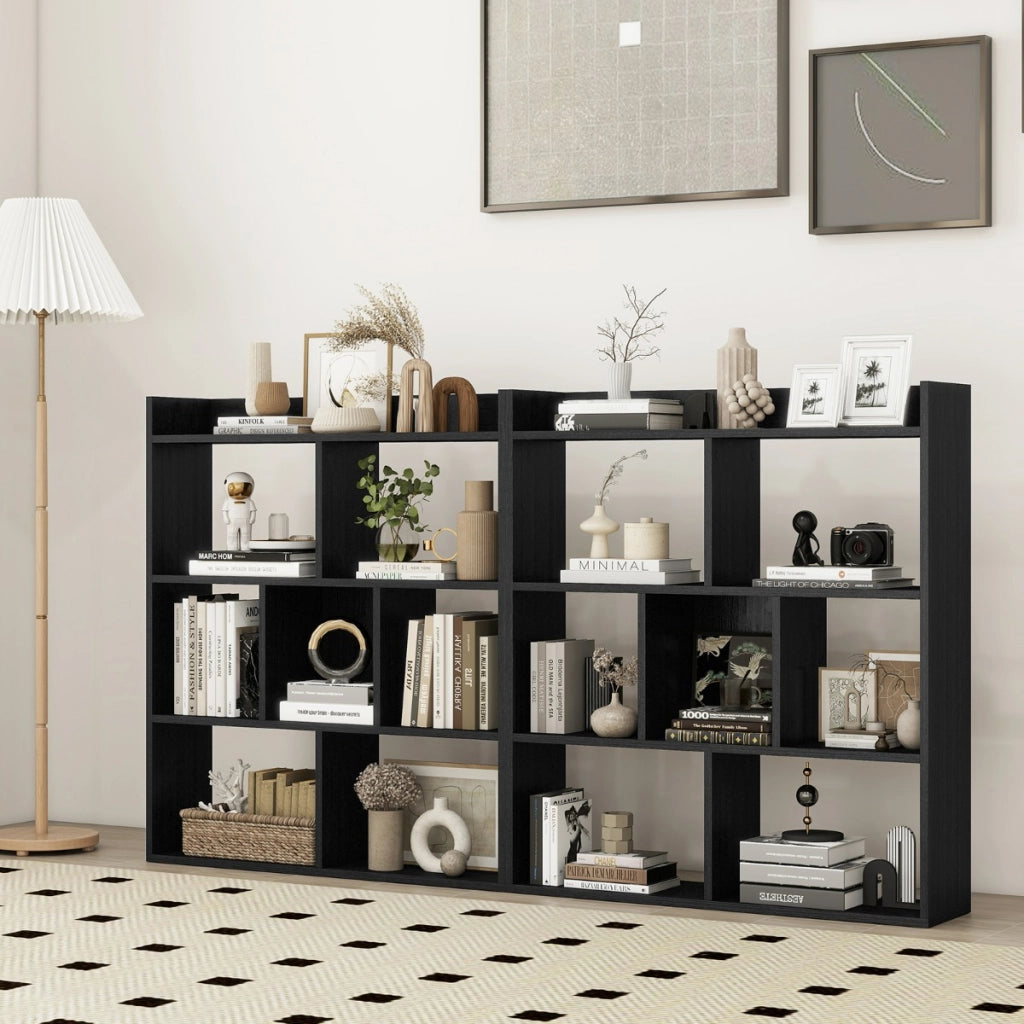 Libreria a cubi aperti con 7 scomparti, Mensola espositiva per l'archiviazione in legno per studio soggiorno Nero-Librerie