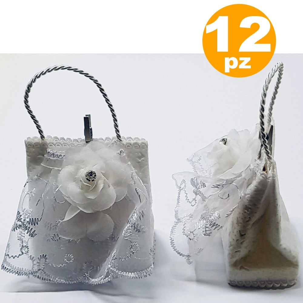Trade Shop - Bomboniere Sacchetto Bustina Bianco Fiore Glitter Porta Confetti X Matrimonio -