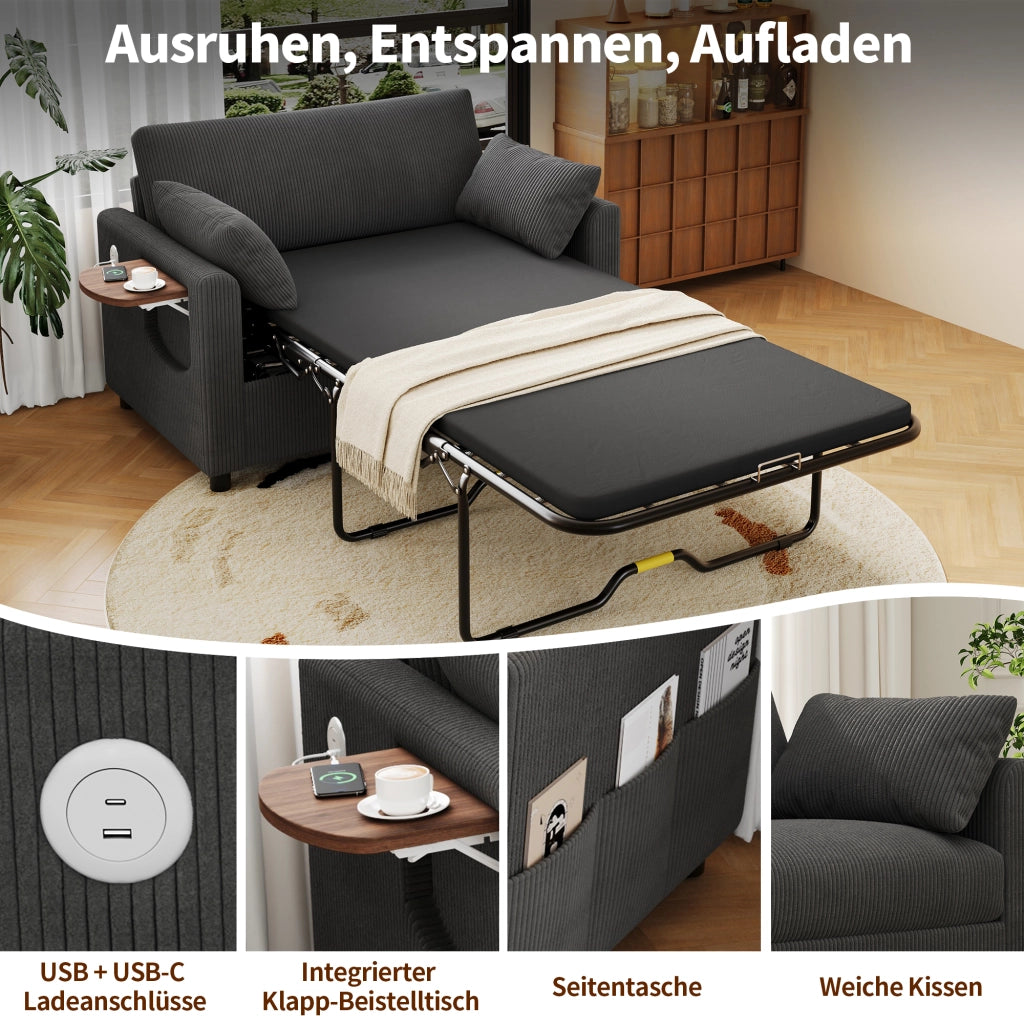 Divano letto 2 posti con funzione letto USB e USB-C, tavolino pieghevole, Corduroy, Grigio