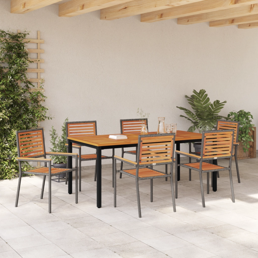 Set da Pranzo Giardino 7 Pezzi Grigio in Rattan Sintetico e Acacia