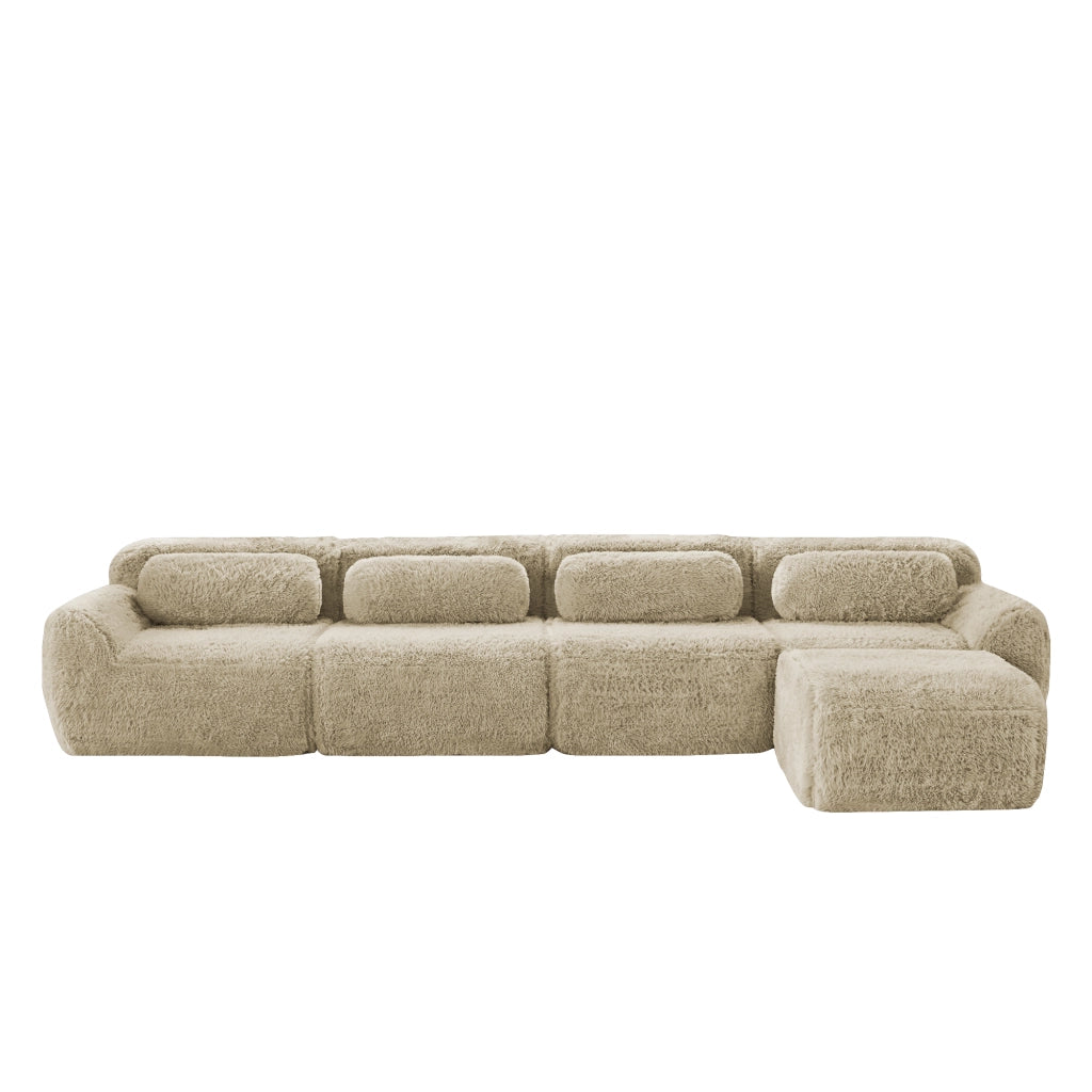 OKWISH Divano Angolare Modulare, Senza Montaggio, Seduta Ampia con Méridienne Spostabile e Cuscini, Peluche, Cachi Chiaro
