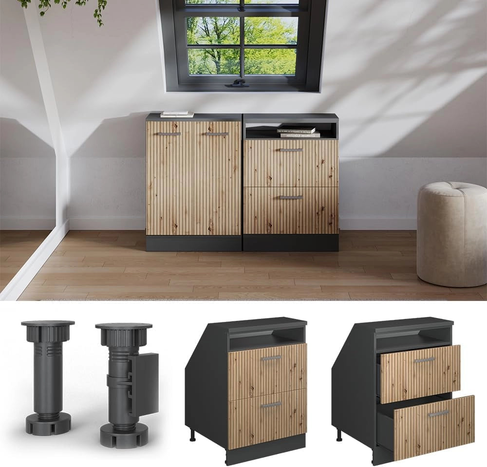Mobile sottotetto Rion, Rovere artigianale, 60 x 81.6 cm con 2 cassetti, carcassa 60 cm profondità, adatto per il salvaspazio sotto tetti spioventi