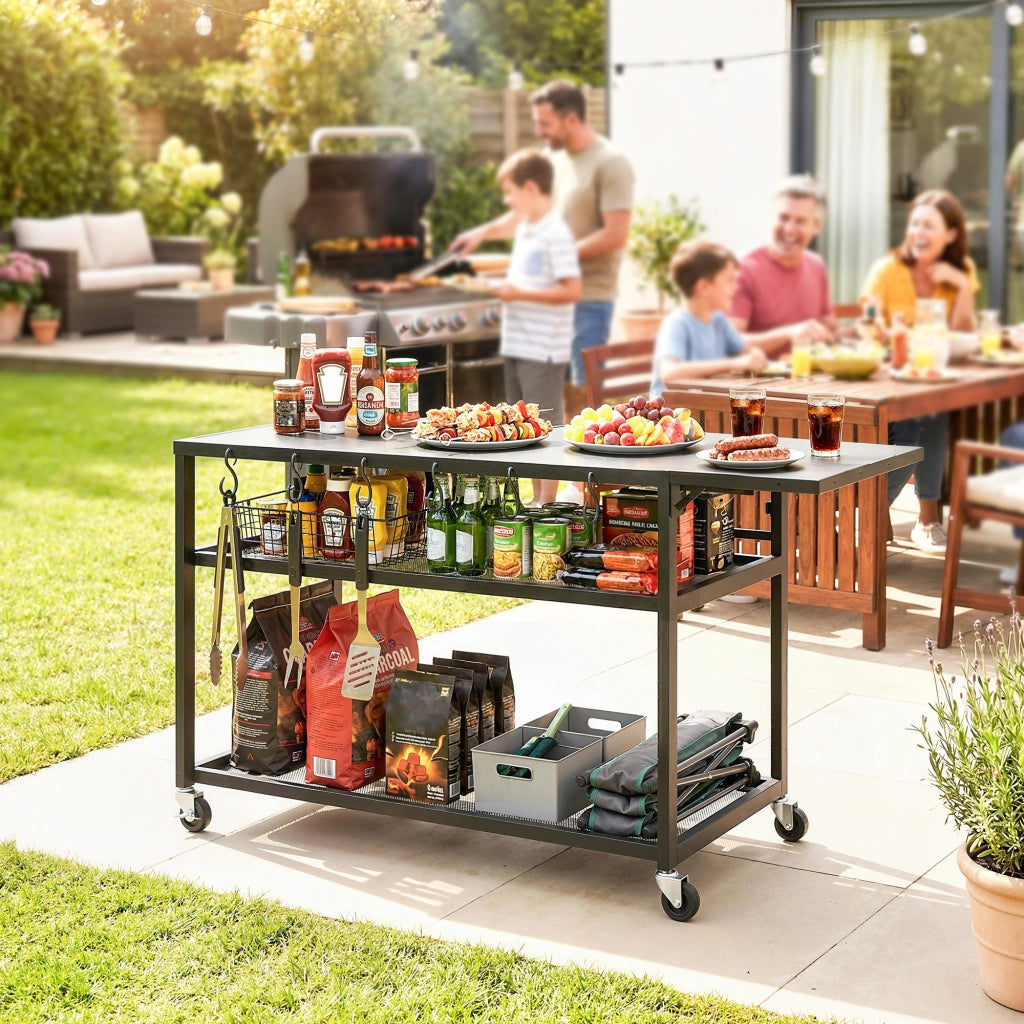 Carrello barbecue da giardino con ripiano laterale pieghevole ¨C zephmum ¨C nero, 133x48.5x82 cm