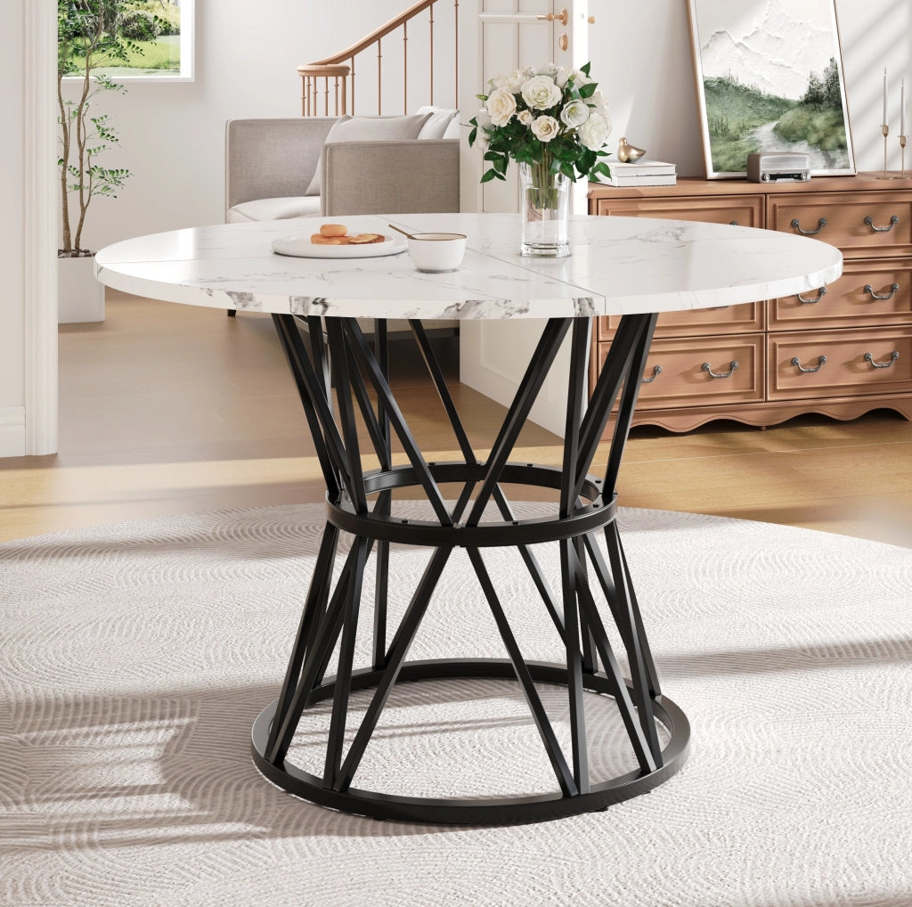 Tavolo da pranzo rotondo 100x100x76 cm; piano in MDF effetto marmo nero; struttura in metallo