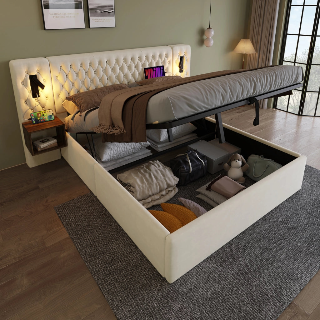 LETTO Contenitore Idraulico 180x200 cm Velluto Beige con 2 comodini