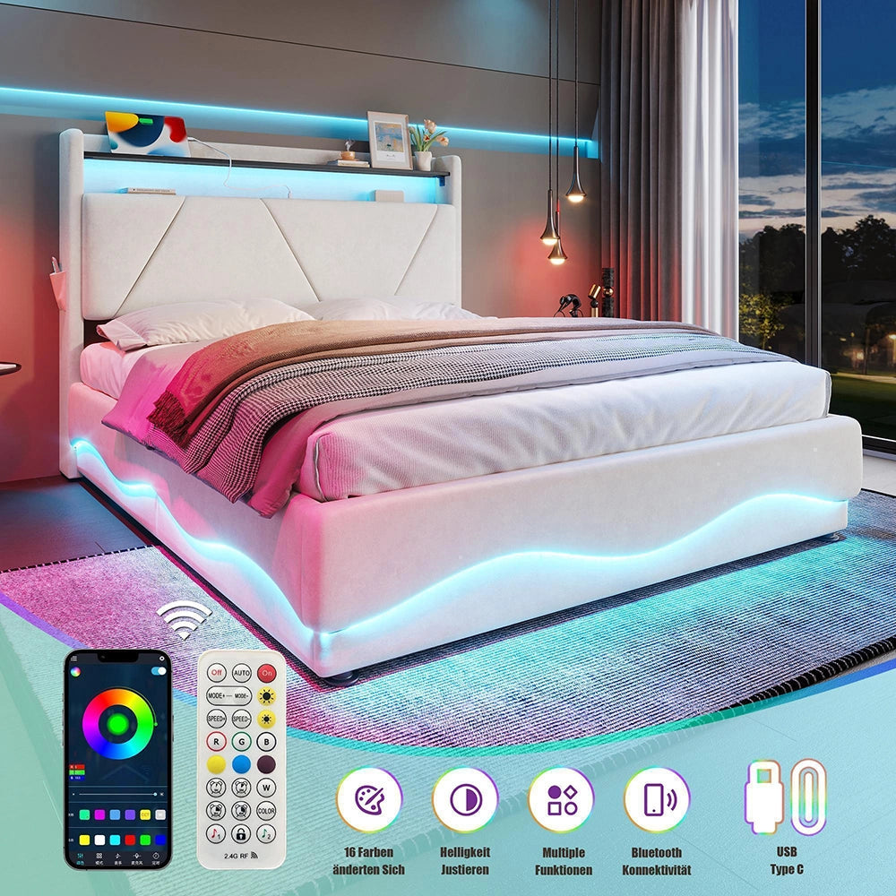 Letto 140x200cm imbottito - Xylo - LED USB tasche laterali idraulico