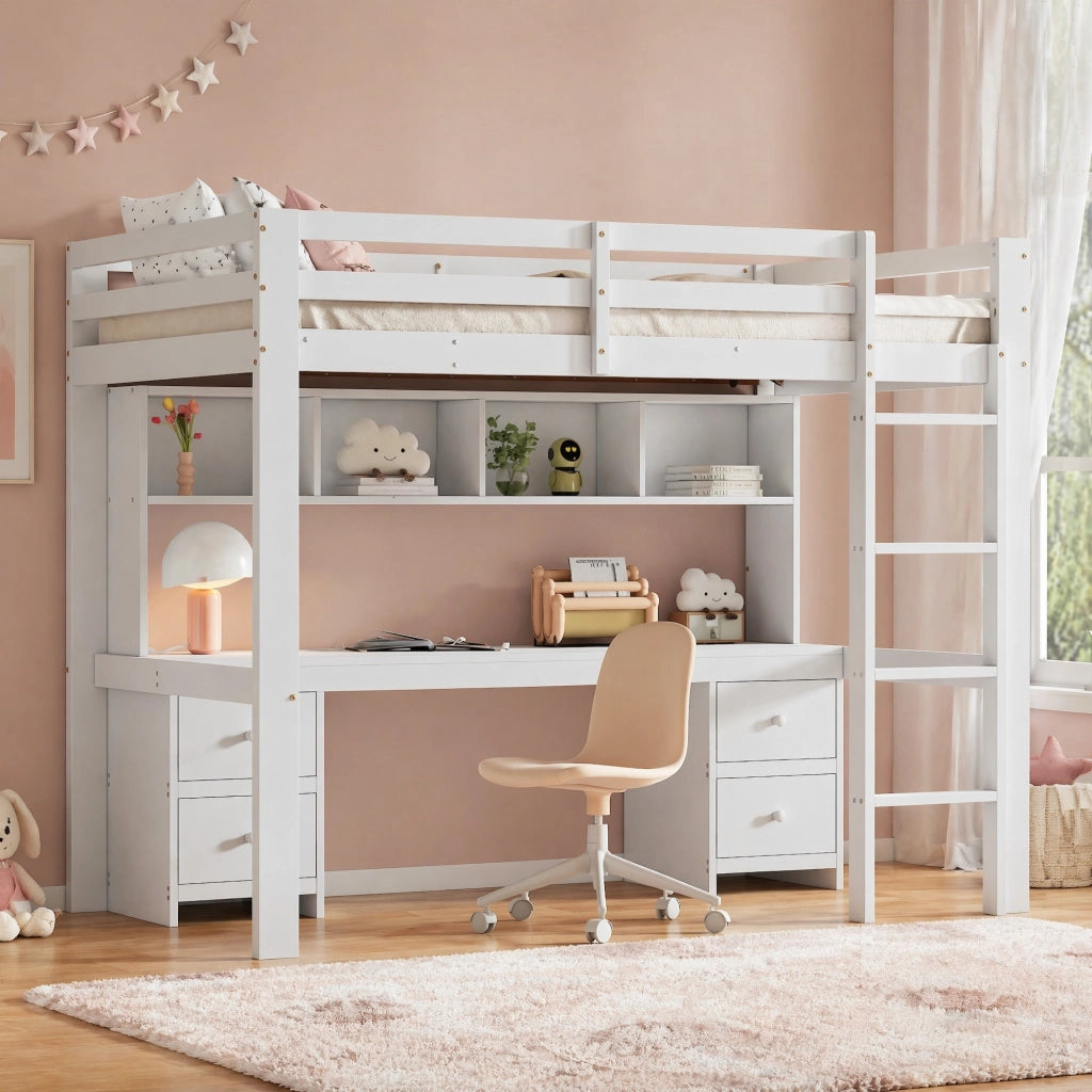 LETTO A SOPPALCO 90x200 cm con scrivania e cassetti in legno di pino bianco