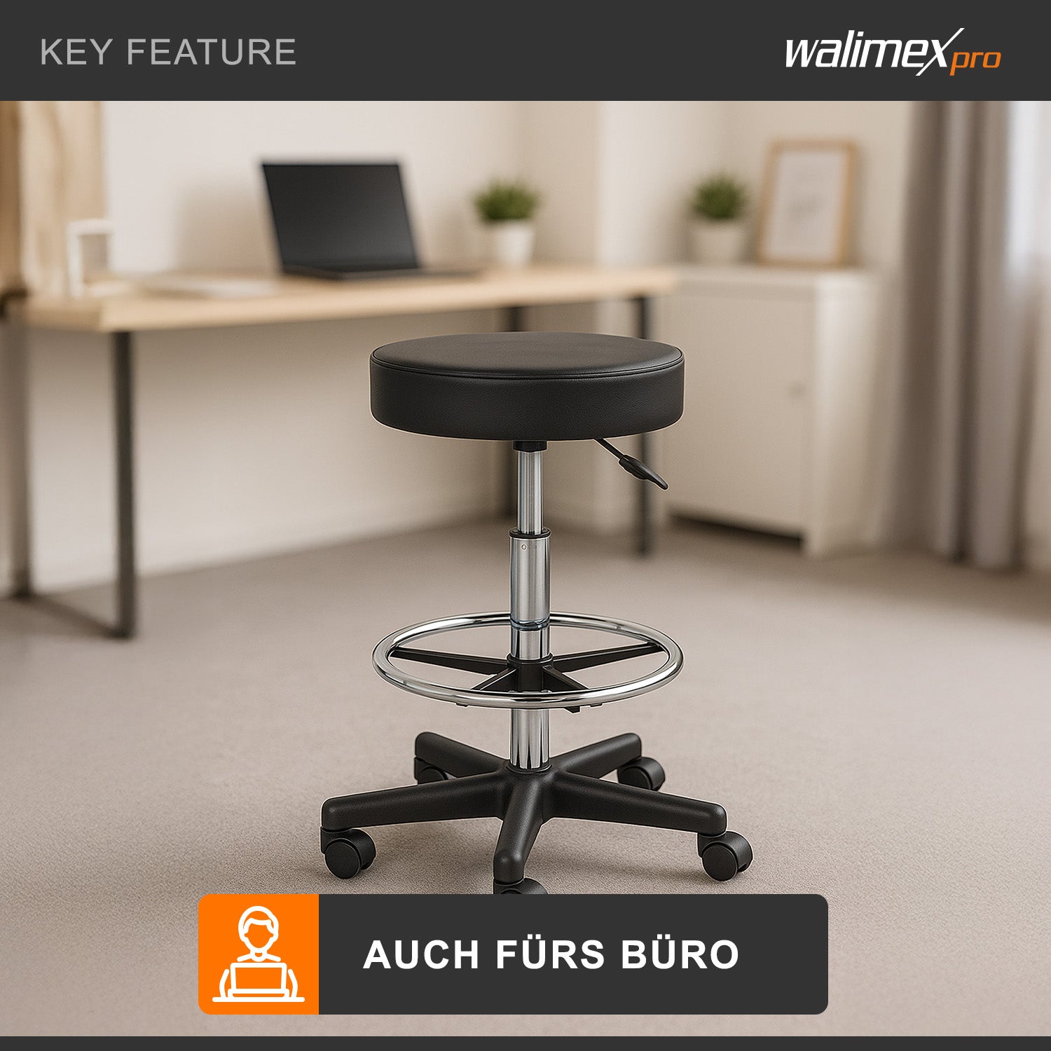 Sgabello con ruote regolabile in altezza 65-87 cm, max 120 kg girevole a 360°, per ufficio studio fotografico