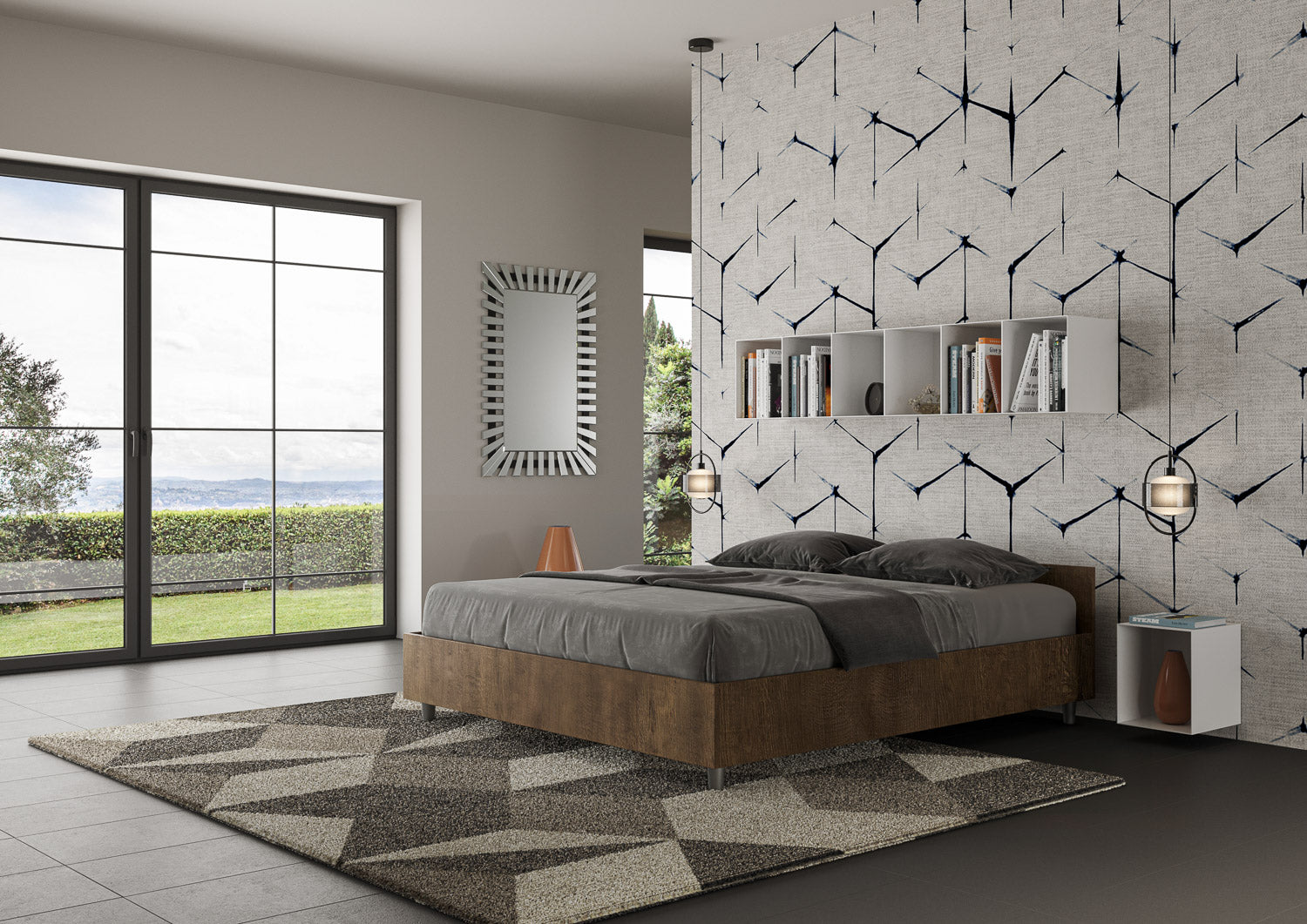 Letto Matrimoniale 160x200 cm con Rete e Contenitore Alzata Comoda Testata Bassa Nuamo Noce