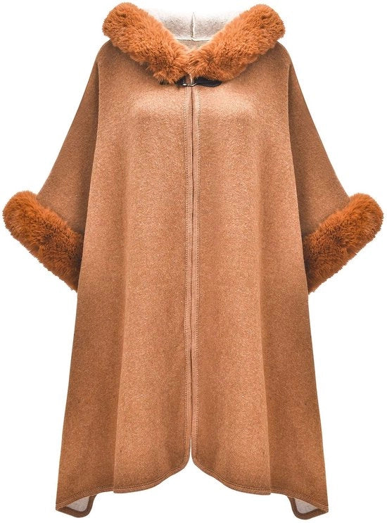 Poncho Donna - Caldo/Fur Finto - Unico Taglia - Leggero/Acrilico - Altezza 105 cm - Lunghezza 75 cm - Cappuccio