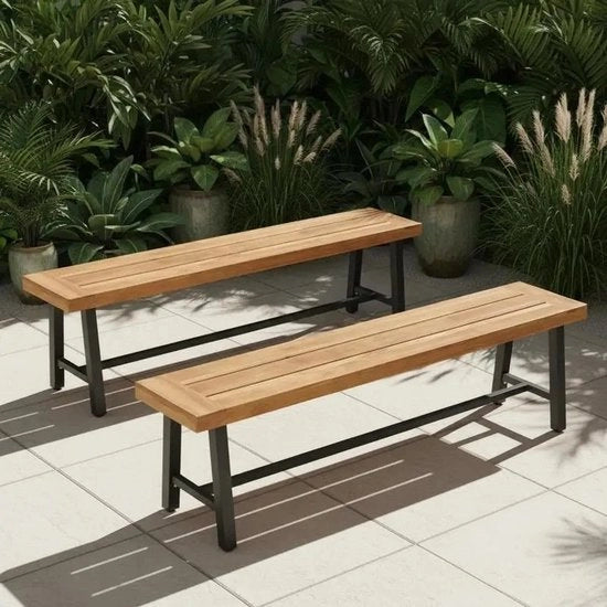 Banco da giardino in acacia da 3 posti senza schienale, 63 pollici, set di 2