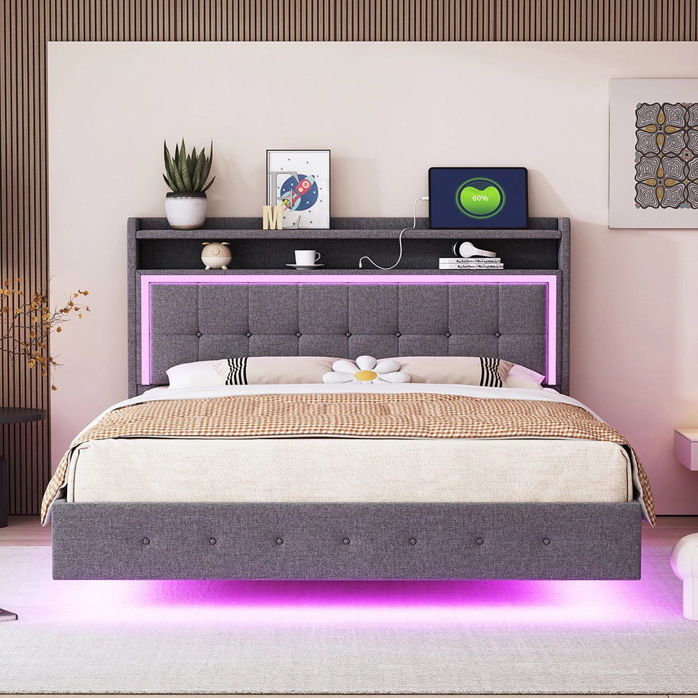 Lit adulto 140x200 cm Doppio - Xylo - USB LED Piede nascosto Lino Grigio