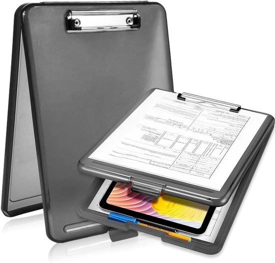 Klembord A4 con contenitore e clip forti, nero, portatile e ideale per scuola, industria e ufficio.