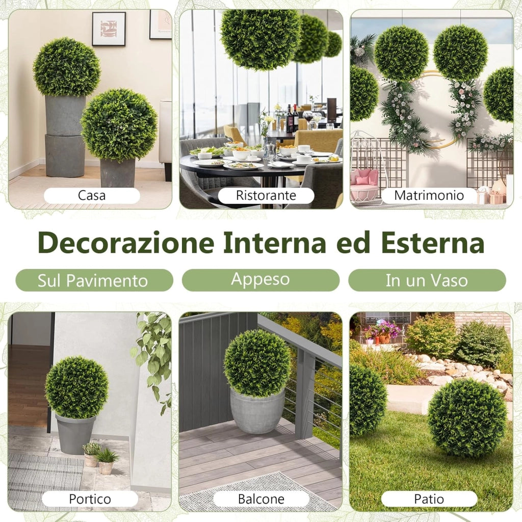 Set di 2 Sfere Topiarie in Cedro 50 cm, Sfere in Buxus con Protezione Solare, Piante Decorative Artificiali per Giardino, Porta d'Ingresso e Balcone