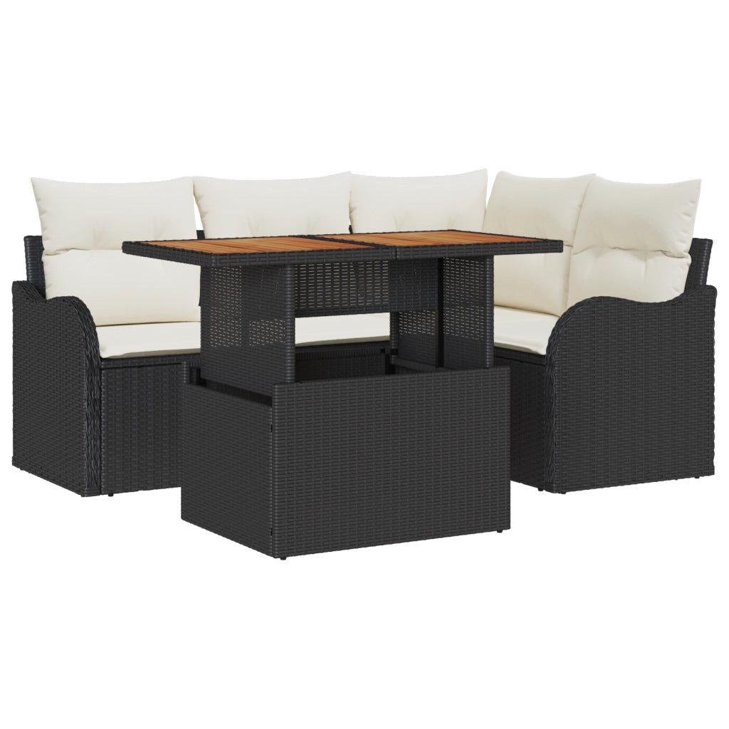 Set Divano da Giardino  da 5 Pezzi con Cuscini Polyrattan Nero